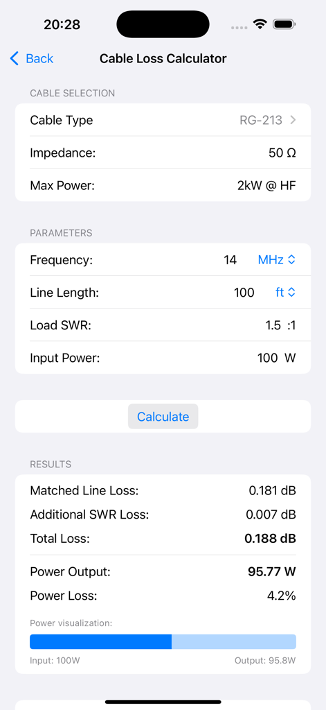 RF & Ham Radio Toolkit - A screenshot of the Cable Loss Calculator in the RF and Ham Radio Toolkit app showing input parameters and calculated power loss results