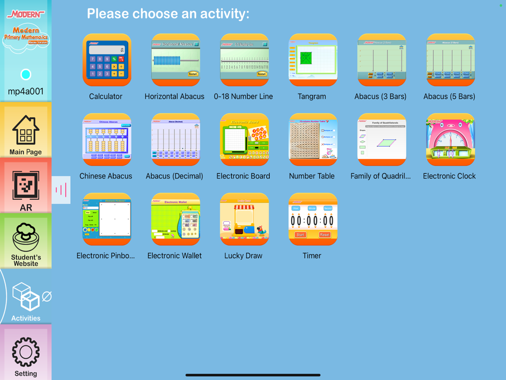 Modern Primary Maths - Student - Menú de actividades de la aplicación para estudiantes de Matemáticas Primarias Modernas que presenta varias herramientas educativas