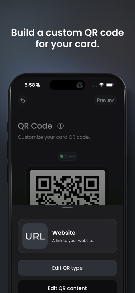 SoCard: Digital Business Card - Interfaz de la app SoCard mostrando el proceso de creación y personalización de un código QR para una tarjeta de presentación digital.