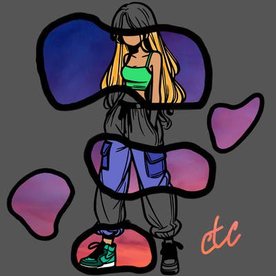 girl in baggy pants crop top and long hair