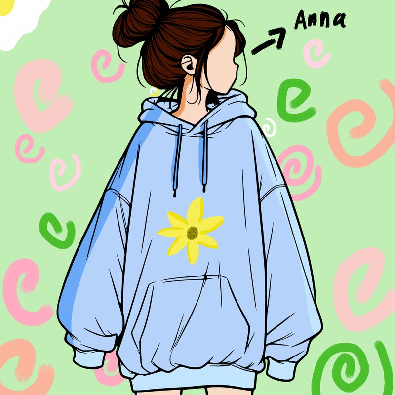realistic girl with a oversized sweatshirt on and a bun