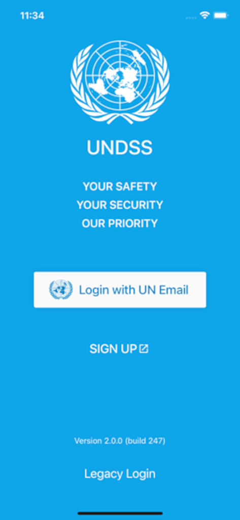 Pantalla de inicio de sesión de la aplicación Electronic Travel Advisory de UNDSS con el logo de las Naciones Unidas y un botón de inicio de sesión con correo electrónico de la ONU