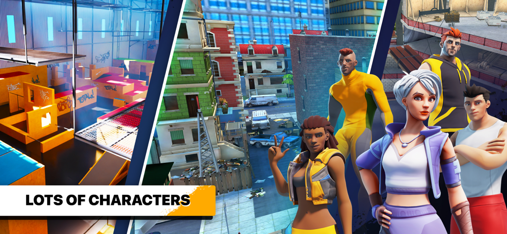 Parkour Simulator 3D: City Run - Uma colagem mostrando diversos designs de personagens e mapas de parkour urbano no jogo Parkour Simulator 3D.
