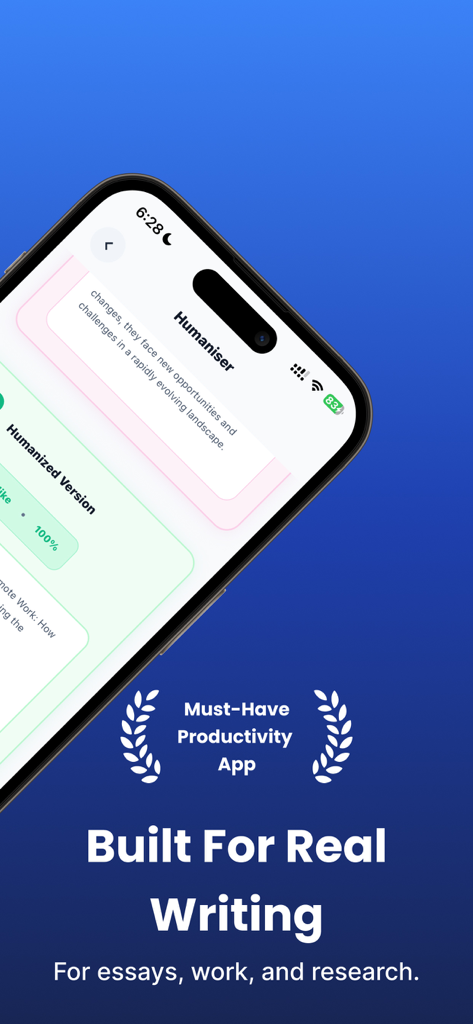 LegitWriter - LegitWriter mobile app screen showing the humanizer tool for essays and research.