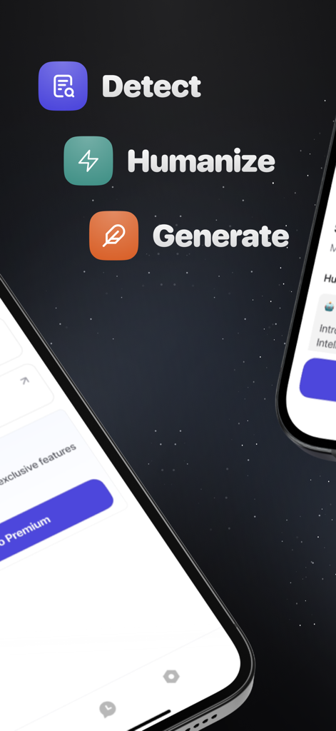 AI Detector and Humanizer - Interface de l'application AI Detector and Humanizer montrant les outils Detect Humanize et Generate