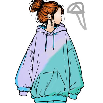 realistic girl with a oversized sweatshirt on and a bun