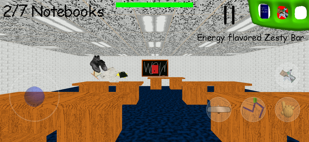 First person view of a school classroom with wooden desks and retro graphics in Baldis Basics Classic