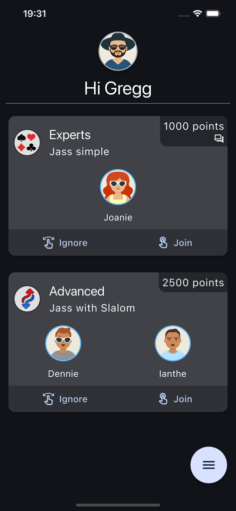 JassPro - JassPro app interface showing available game tables for simple and slalom Jass variants