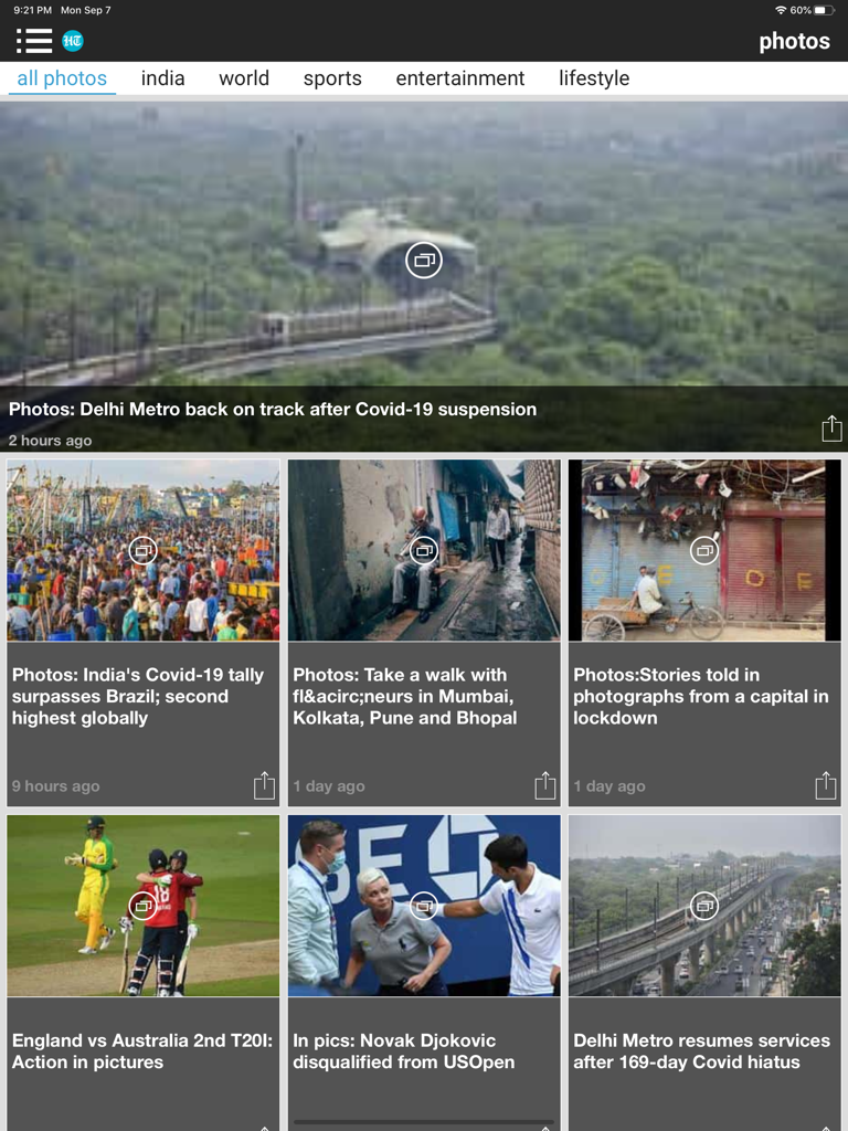Application d'actualités Hindustan Times sur iPad affichant une galerie de photos avec des gros titres d'actualités indiennes et mondiales.