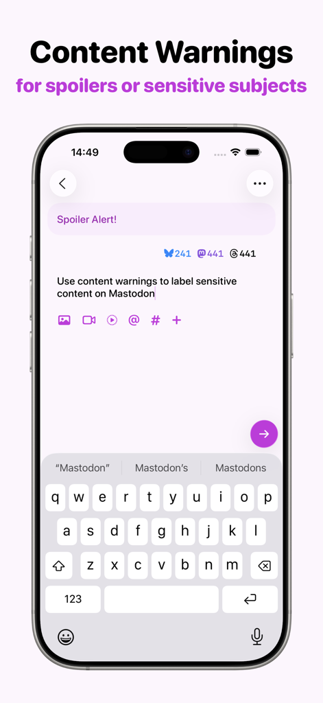 Croissant - Cross-Posting - iPhone screenshot showing the Croissant app interface with content warnings and spoiler alert tags for social media posts