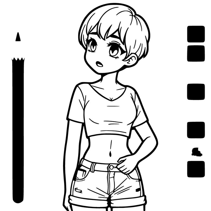 a girl with a pixie haircut and a tummy shirt and blue jean shorts