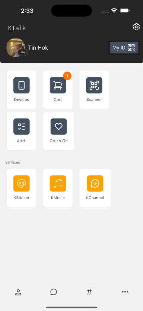 KradassTalk - KTalk app profile screen showing various integrated services like shopping cart scanner and music
