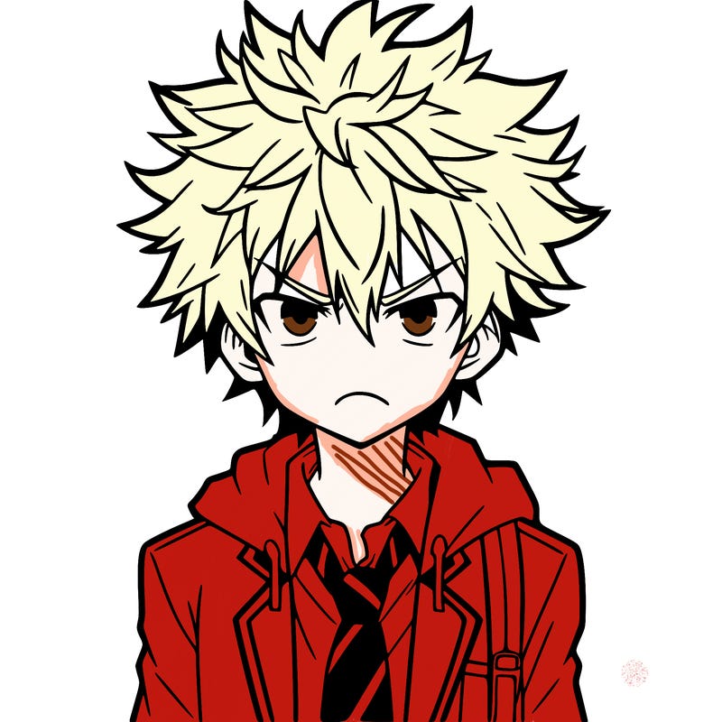 anime boy with spiky hair, anger issues and a school uniform