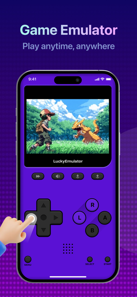 Lucky Emulator app showing a retro game played on an iPhone with purple on-screen controls