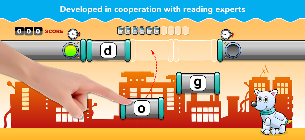 Sight Words Reading Games ABC - Gioco di ortografia interattivo in cui un bambino trascina lettere per comporre la parola 'dog' per un animale robotico.