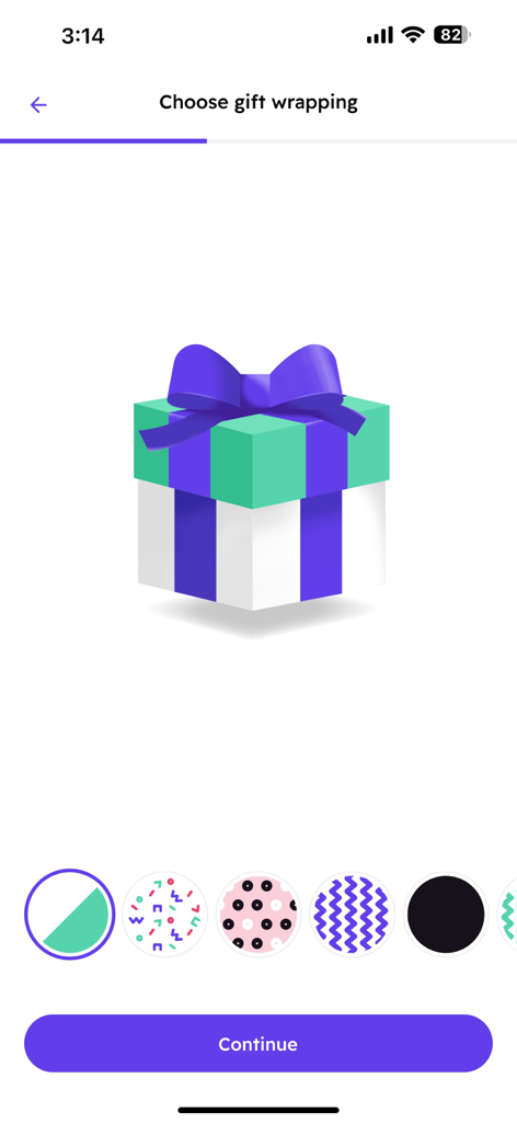 Écran de l'application mobile pour choisir des motifs et des couleurs d'emballage cadeau numériques