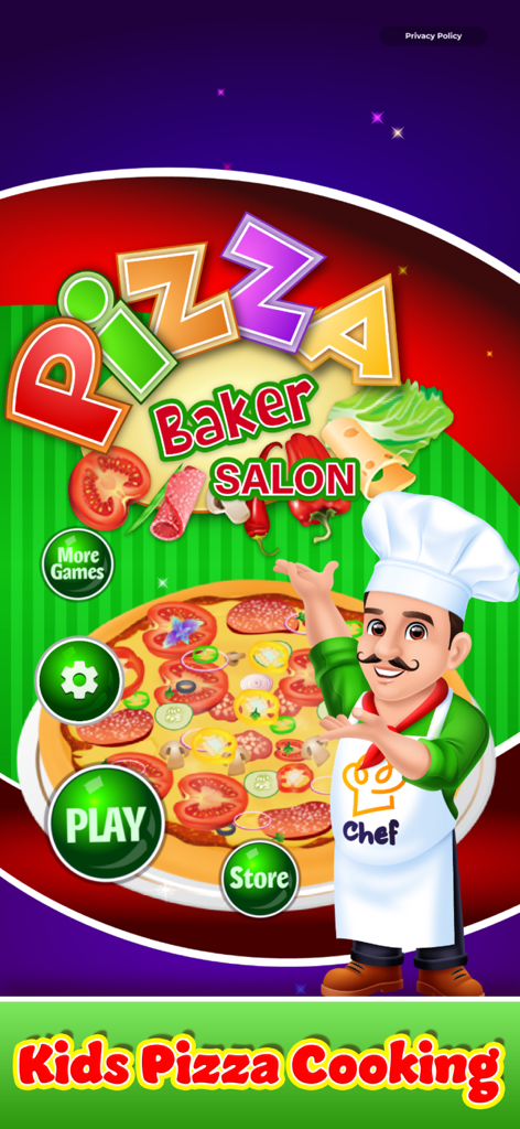 Cooking Games: Pizza Maker - Home screen of the Cooking Games Pizza Maker app featuring a cartoon chef and a delicious pizza.