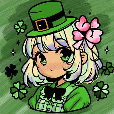 a manga-style girl with clovers around her, a little hat in her hair, like it's saint patrick's day