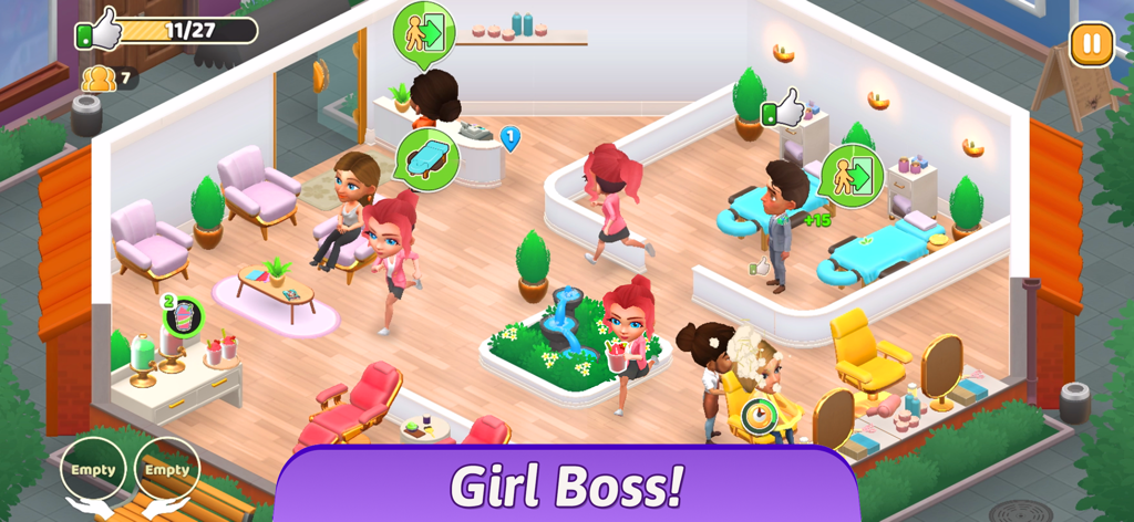 Serenity's Spa: Beauty Salon - Serenitys Spa Gameplay, das einen geschäftigen Schönheitssalon und den Text Girl Boss zeigt