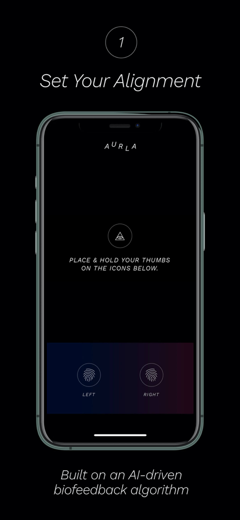 AURLA: Aura Photos & Readings - Interfaccia dell'app AURLA che invita gli utenti a posizionare i pollici sulle icone per l'allineamento del biofeedback
