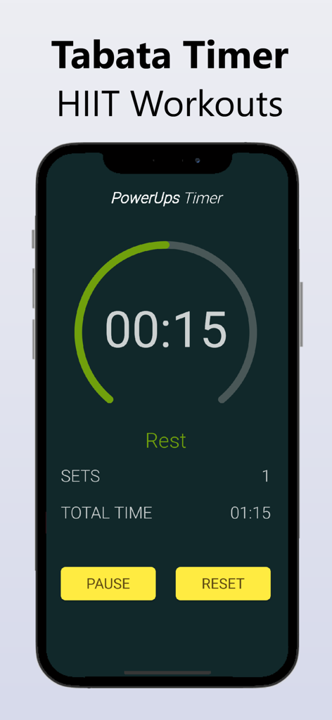Interval Timer: Tabata Timer - Tabata timer app interface showing a 15 second rest interval for a HIIT workout on an iPhone.