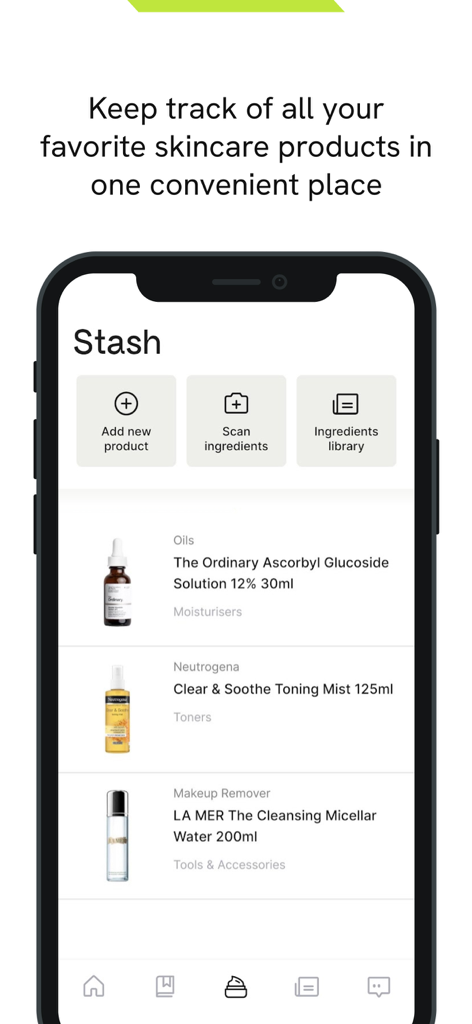 glowy AI - Skincare assistant - Interfaz de la aplicación Glowy AI que muestra el rastreador de alijo de productos de cuidado de la piel con opciones para agregar productos y escanear ingredientes