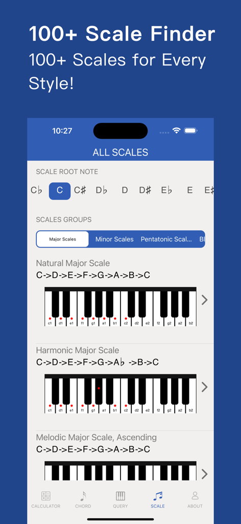 Interface do aplicativo Music Tutor mostrando uma lista de escalas de piano maiores com diagramas de teclado