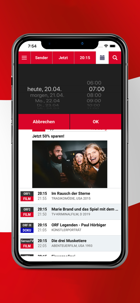 tvheute TV Programm Österreich - A mobile app screen showing Austrian TV program schedules with a date and time selection tool.