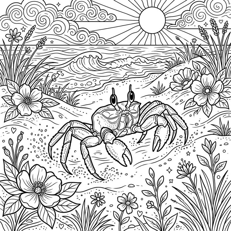 Immerse yourself in the beauty of spring with this delightful ghost crab coloring page, featuring intricate details of a vibrant beach scene. Discover blooming flowers, gentle waves, and a cheerful sun, perfect for a relaxing and creative coloring experience.