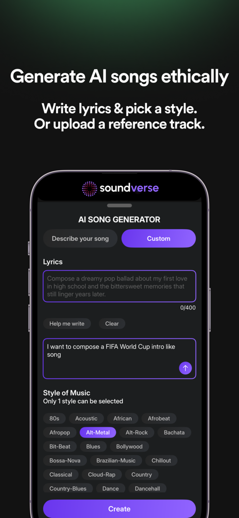 Soundverse - AI Song Generator - Soundverse mobile app interface showing the AI song generator with lyrics input and musical style selection options