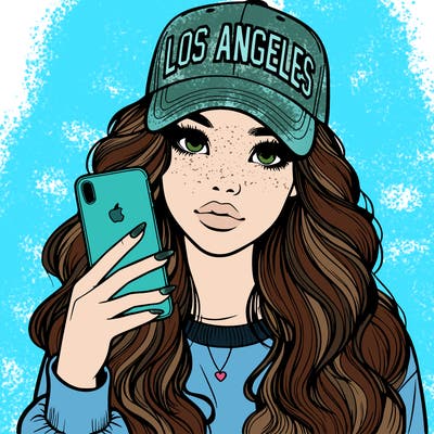 realistic beautiful girl wearing los ángeles cap holding an iphone
