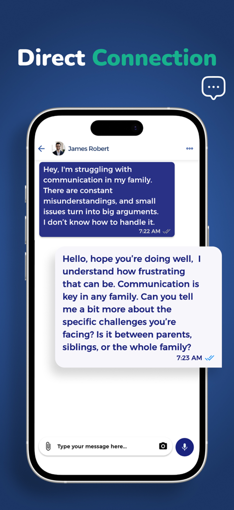 Shawir Online Consultations - Shawirアプリで、ユーザーと家族カウンセリングの専門家とのプライベートチャット画面を表示するスマートフォン画面。
