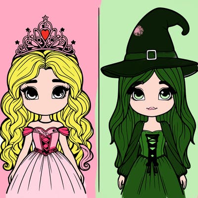 two realistic girls one princess one witch