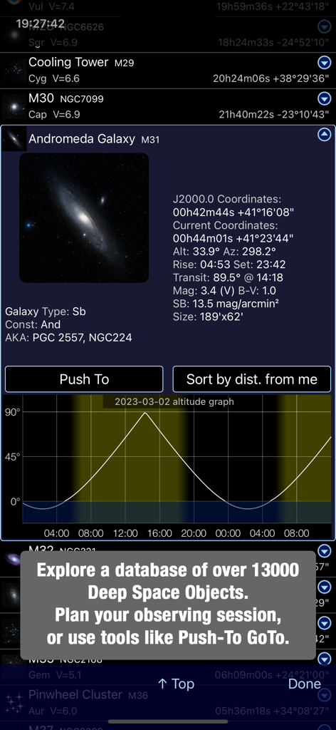 Polar Scope Align Pro - Deep Space Object database view showing Andromeda Galaxy details and altitude graph in the Polar Scope Align Pro app