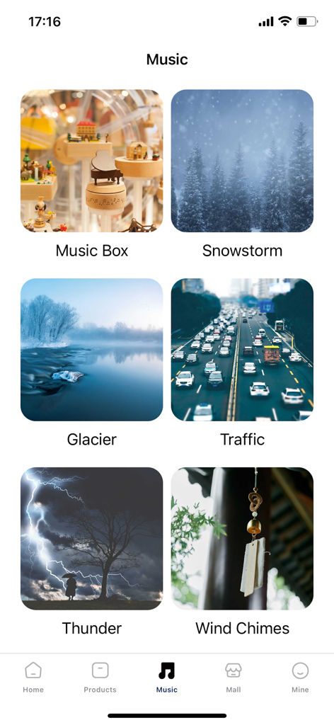 RIRO - Pantalla de selección de sonido ambiental en la aplicación RIRO que muestra categorías como tormenta de nieve y campanillas de viento