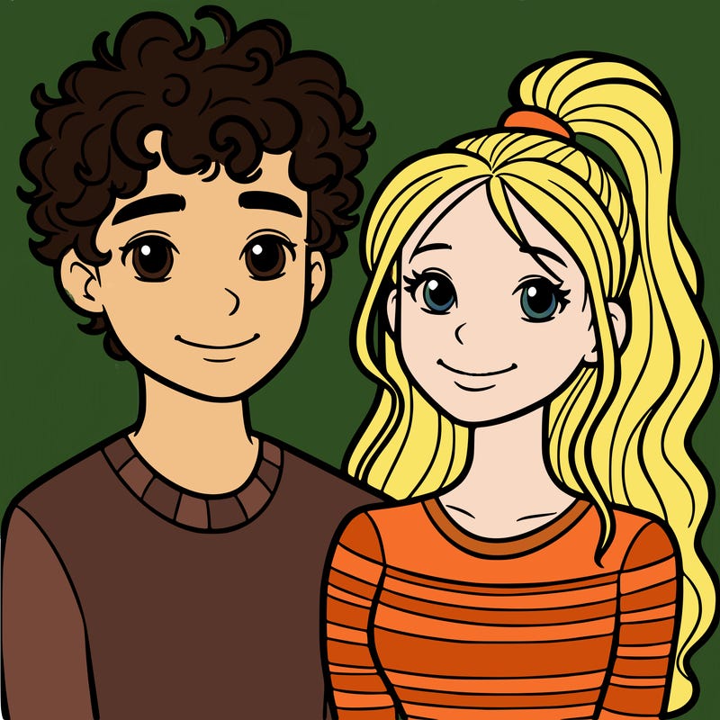 a teenage boy with curly hair and a teenage girl with a ponytail