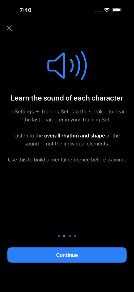 Morse Elmerチュートリアル画面。モールス信号文字の音とリズムを聞いて学習する方法を説明しています。