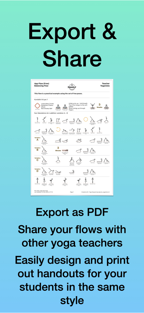 A professional yoga sequence PDF handout with stick figure illustrations and teacher branding