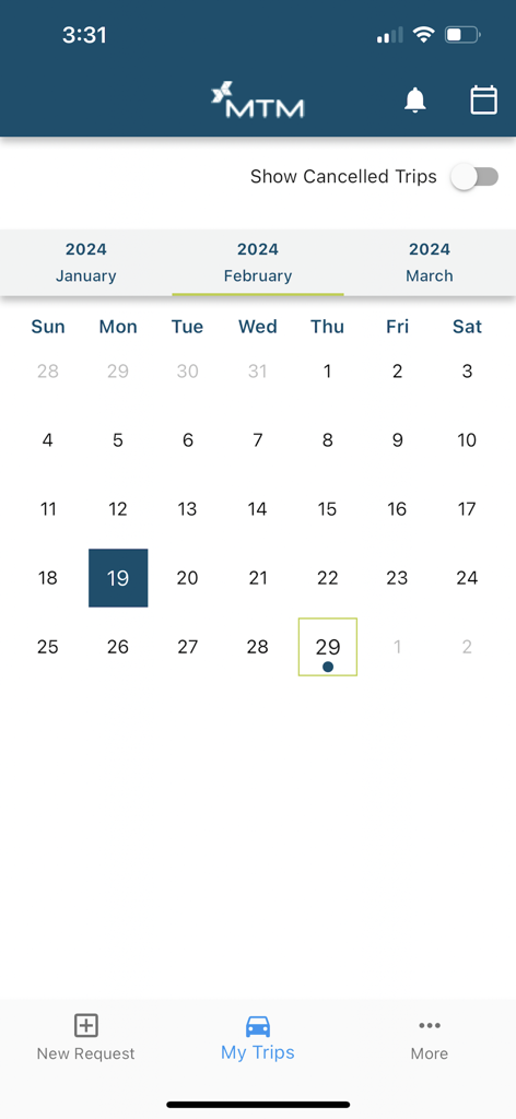 MTM Link Member - MTM Link Member app calendar view showing scheduled medical transportation trips