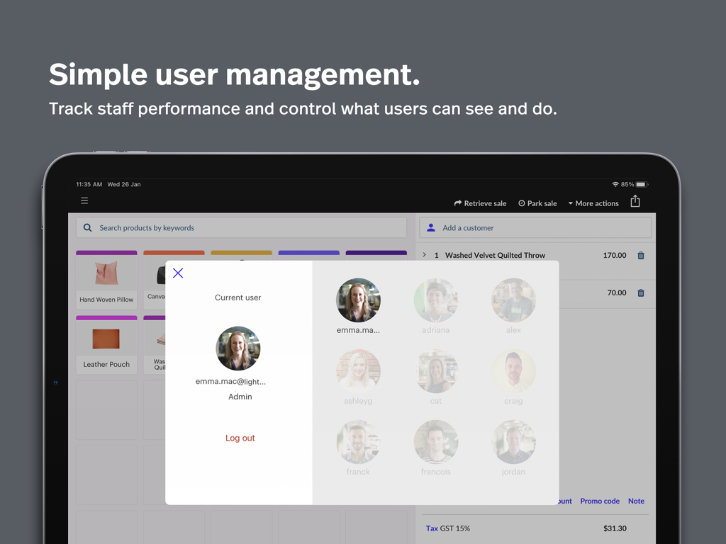 Lightspeed Retail POS iPad interface showing a user management modal with various staff profile photos and administrative controls