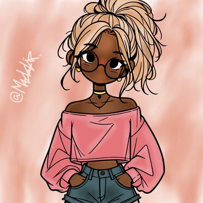 girl with a messy ponytail glasses a baggy crop top and jean shorts
