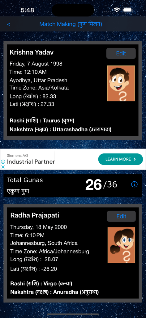 Life Partner - Una pantalla de la aplicación Life Partner mostrando una puntuación de compatibilidad matrimonial de 26 sobre 36 gunas