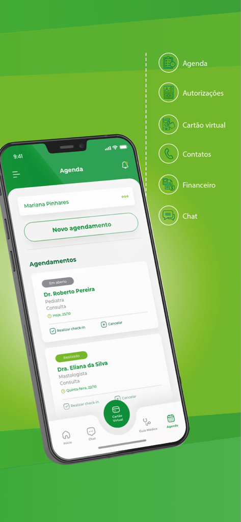 Doctor Clin - Doctor Clin mobile app showing appointment agenda and medical service menu