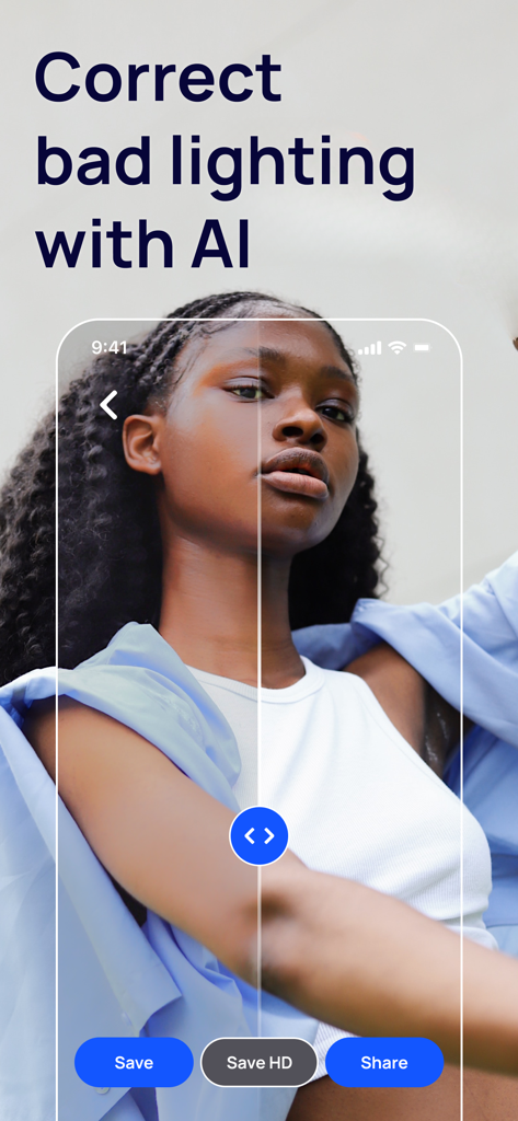 BlurBuster - AI Photo Enhancer - ポートレート写真のAI照明補正の、補正前後の比較