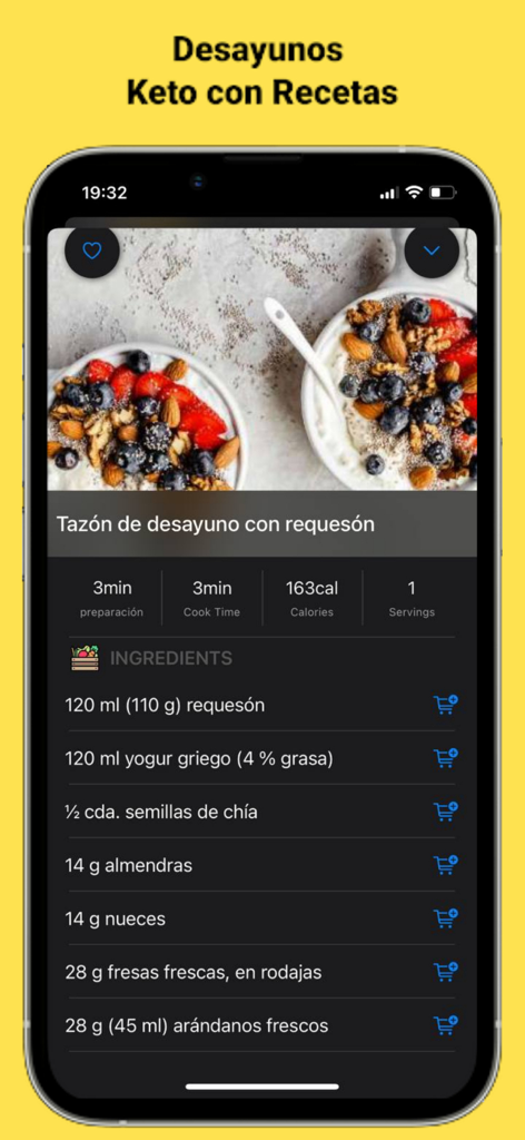 Interfaz de aplicación móvil que muestra una receta de tazón de desayuno keto de queso cottage con información nutricional y lista de ingredientes