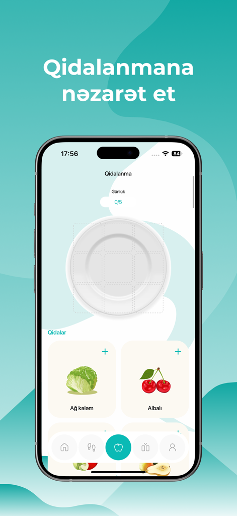 Ecotracker - Interfaz móvil de la aplicación Ecotracker que muestra la función de seguimiento de nutrición con alimentos como repollo y cerezas.