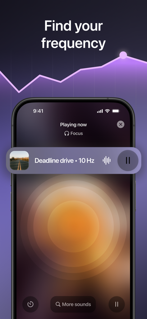 A smartphone showing the Deep app focus mode interface playing a ten hertz frequency sound.