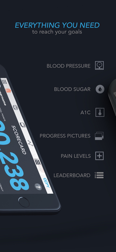 DDP Yoga Fitness & Motivation - Ein Smartphone, das die Funktionen der DDP Yoga App zur Verfolgung von Blutdruck, Blutzucker und Schmerzniveaus anzeigt.