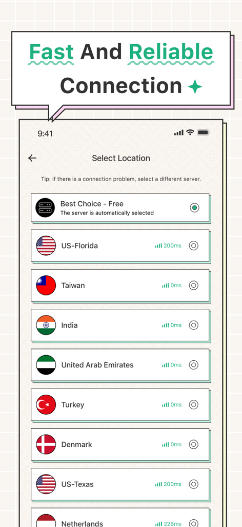 Tela exibindo vários locais de servidores globais no aplicativo Speed VPN