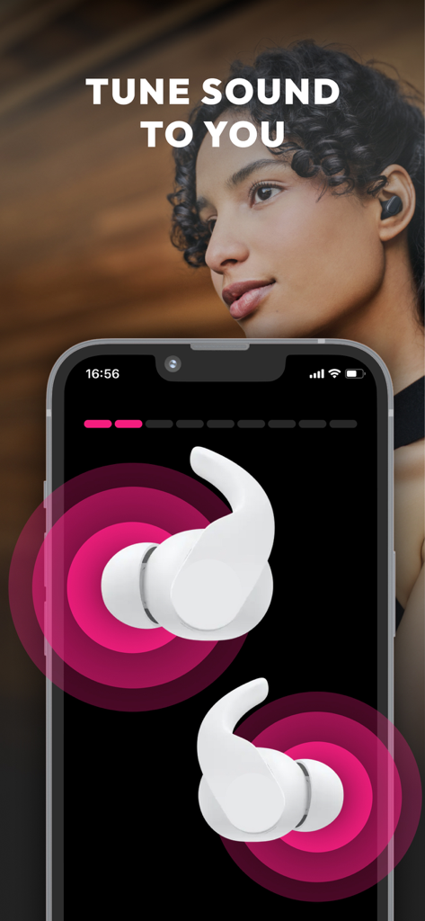 Smartphone mostrando la interfaz de ajuste de sonido personalizado para auriculares inalámbricos